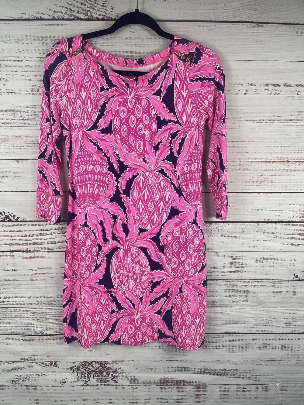 Lilly Pulitzer Tunic Dress Women's SZ XS Pink Pineapple Print 3/4 Sleeve Stretch